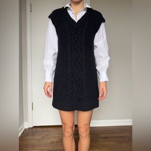 River Island Hybrid Sweater Dress Black Cable Knit Vest & White Shirt